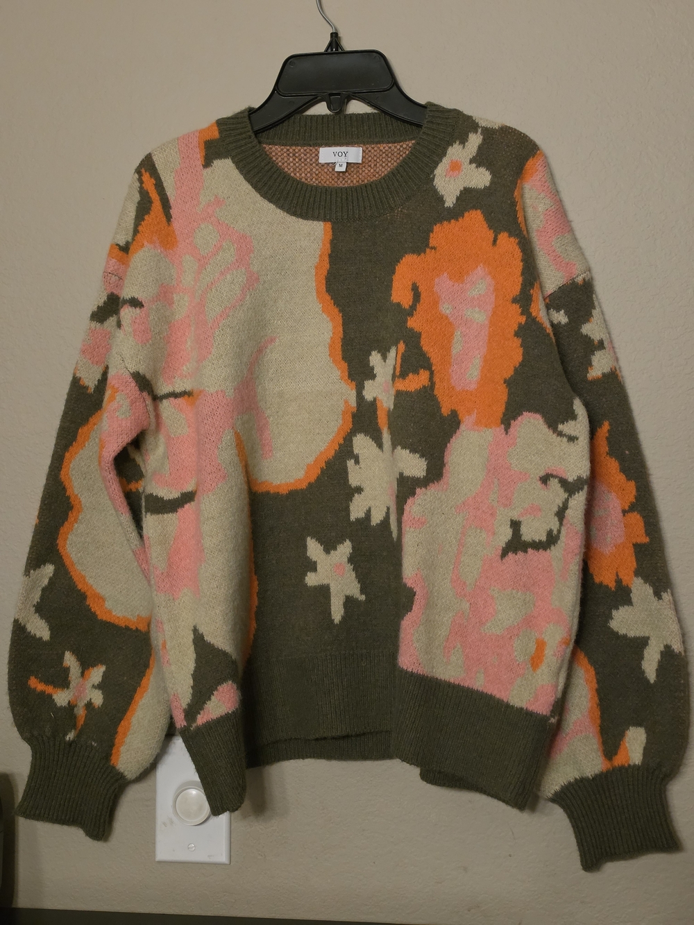 VOY Olive Floral Crewneck Sweater with Pink & Orange Accents